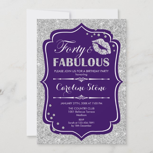 40th Birthday - Forty Fabulous Purple Silver Invitation (Front)