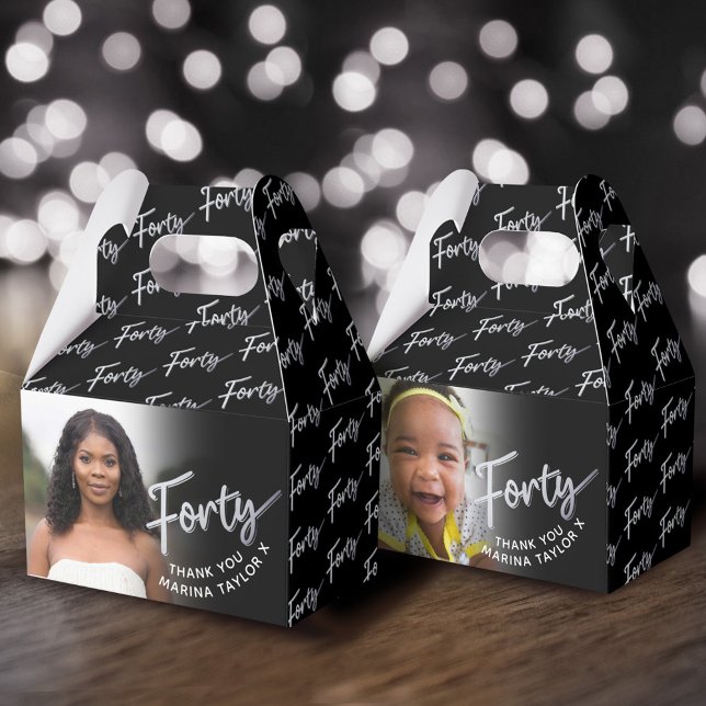 40th birthday Forty script silver black photo Favour Box (Creator Uploaded)