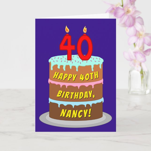 40th Birthday: Fun Cake and Candles + Custom Name Card (Orchid)