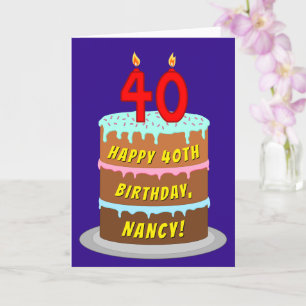 40th Birthday: Fun Cake and Candles + Custom Name Card