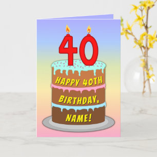 40th Birthday — Fun Cake & Candles, w/ Custom Name Card