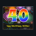40th Birthday – Fun Fireworks Pattern   Rainbow 40 Postcard<br><div class="desc">The front of this colourful, exciting, and fun birthday postcard design features a large number "40" with a rainbow spectrum gradient inspired pattern, along with the message "Happy 40th Birthday, ", and a custom recipient name. The front additionally has a colourful and vibrant background pattern inspired by the look of...</div>