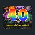 40th Birthday – Fun Fireworks Pattern   Rainbow 40 Postcard<br><div class="desc">The front of this colourful, exciting, and fun birthday postcard design features a large number "40" with a rainbow spectrum gradient inspired pattern, along with the message "Happy 40th Birthday, ", and a custom recipient name. The front additionally has a colourful and vibrant background pattern inspired by the look of...</div>