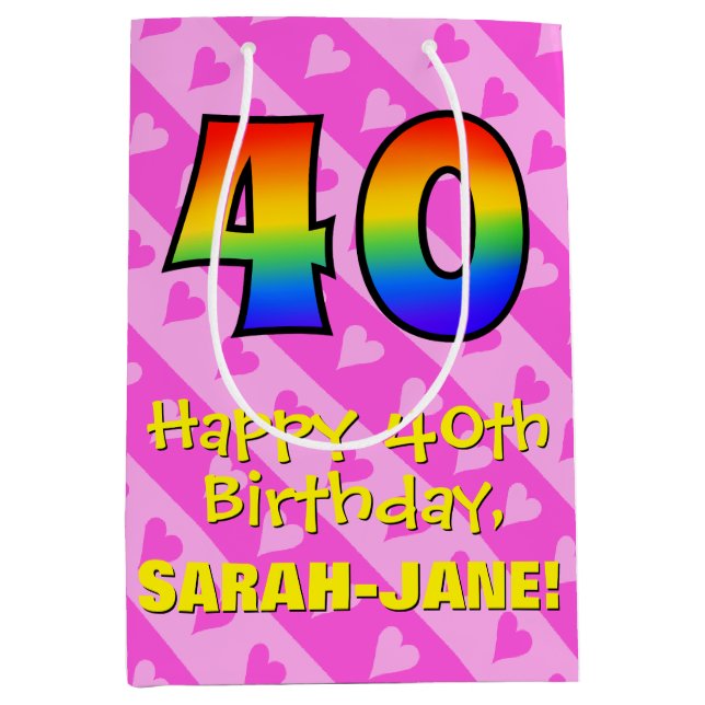 40th Birthday: Fun Pink Hearts Stripes; Rainbow 40 Medium Gift Bag (Front)