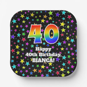 40th Birthday: Fun Stars Pattern and Rainbow “40” Paper Plate