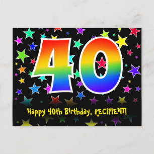 40th Birthday: Fun Stars Pattern, Rainbow 40, Name Postcard