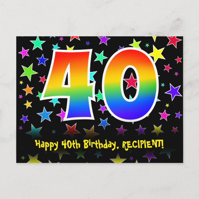 40th Birthday: Fun Stars Pattern, Rainbow 40, Name Postcard (Front)