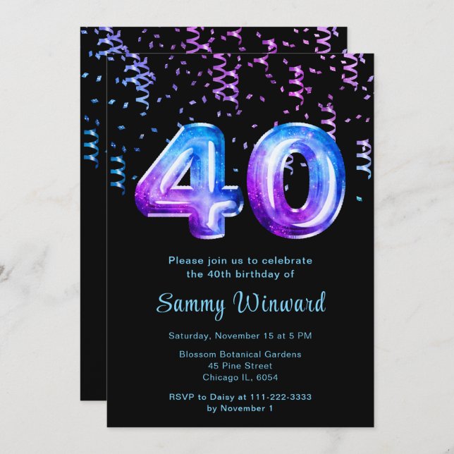 40th Birthday Galaxy Balloons with Confetti Invitation (Front/Back)
