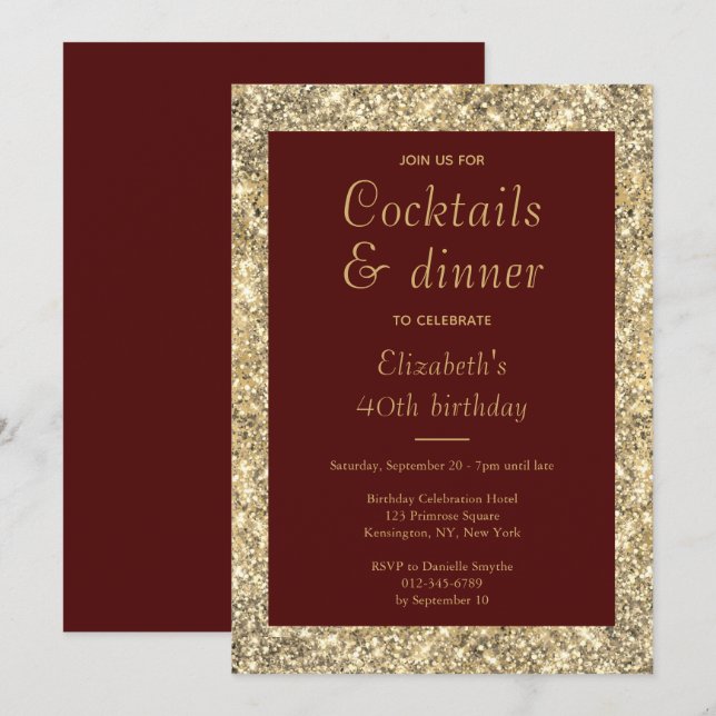 40th Birthday Glam Burgundy Gold  Invitation (Front/Back)