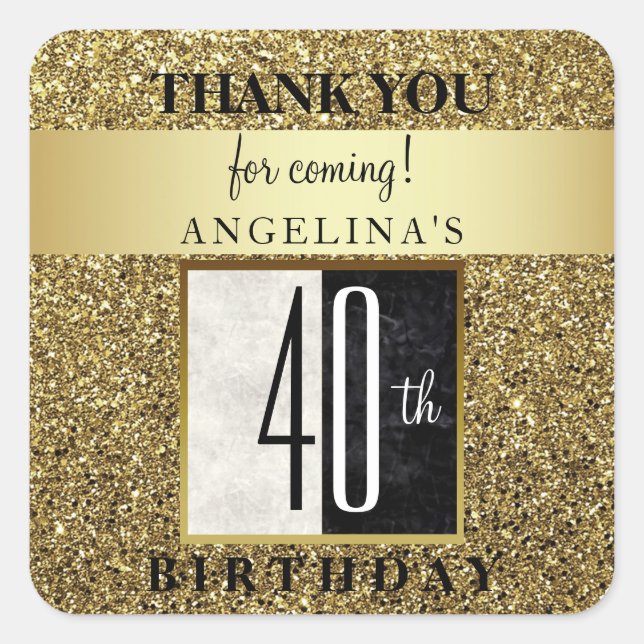 40th Birthday Glitter Gold Thank You Square Sticker (Front)