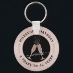40th Birthday Glitter Ombre Champagne Toast Key Ring<br><div class="desc">On a delicate blush pink background, our feminine 40th Birthday commemorative key chain features blush glitter ombre overlays on top and bottom for added birthday bling. Inside a black and rose gold circle logo, bubbling champagne glasses touch in a toast to the birthday honoree. Text circled around the logo reads...</div>