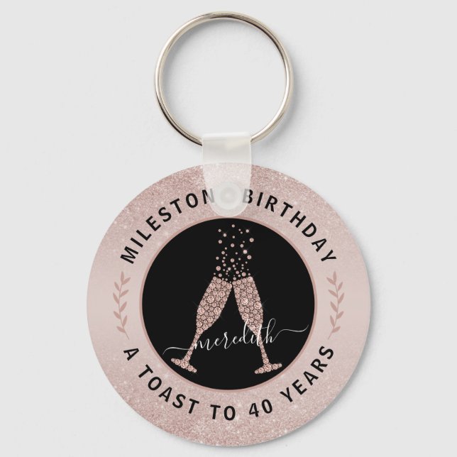 40th Birthday Glitter Ombre Champagne Toast Key Ring (Front)