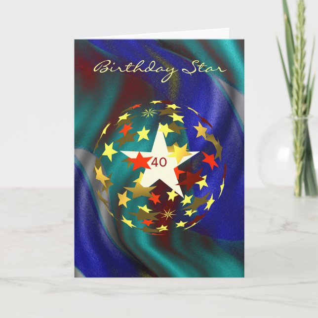 40th Birthday Globe of Gold and Red Stars Holiday Card (Front)