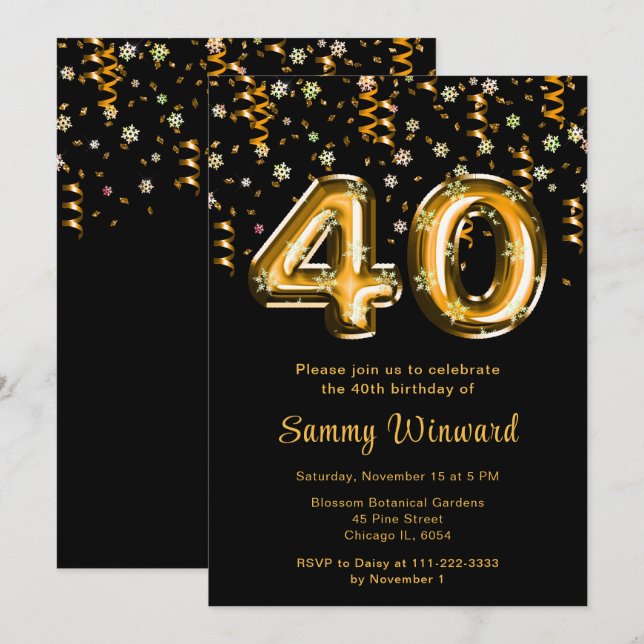 40th Birthday Gold Balloons Snowflake Confetti Invitation (Front/Back)