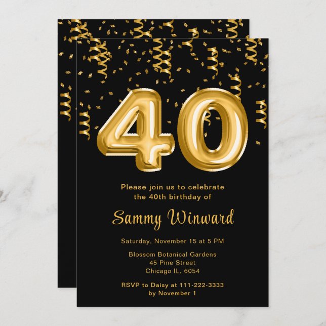 40th Birthday Gold Balloons with Confetti Invitation (Front/Back)