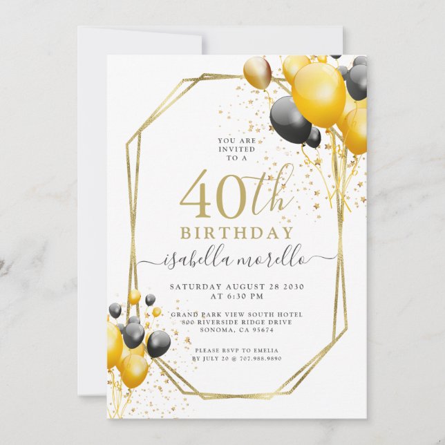 40th Birthday Gold Black Balloons Glitter Invitation (Front)