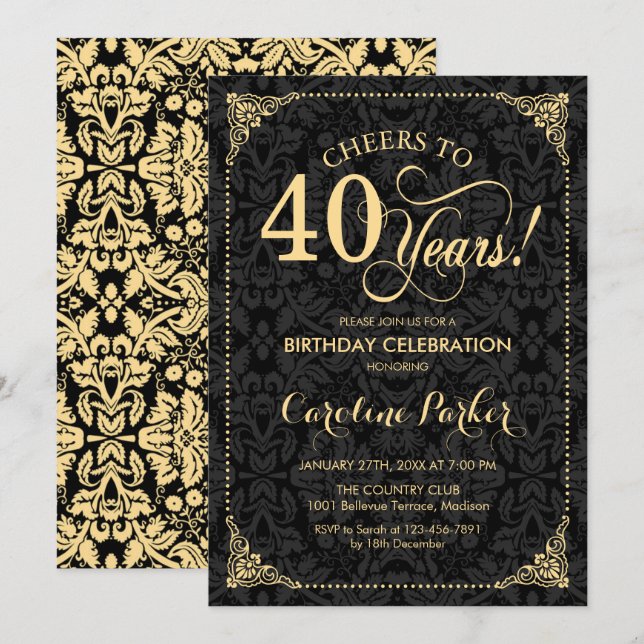 40th Birthday - Gold Black Damask Invitation (Front/Back)