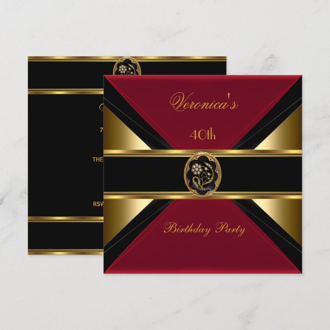 40th Birthday Gold Black Faux Velvet Red Jewel Invitation (Front/Back)