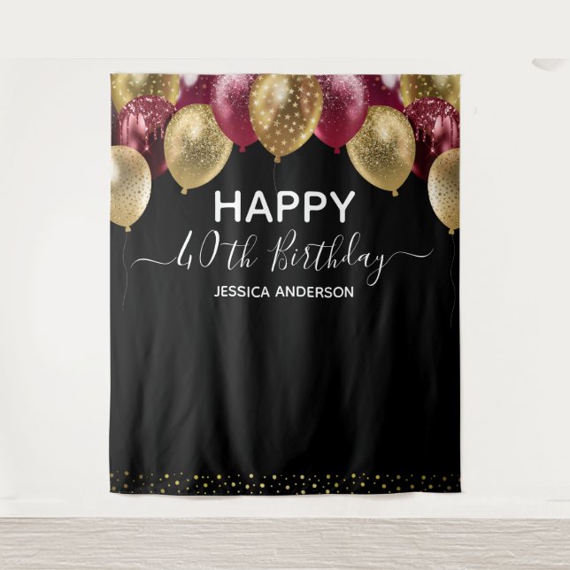40th Birthday Gold Burgundy Black Balloon Tapestry (Front)