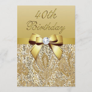 40th Birthday Gold Faux Sequins and Bow Invitation