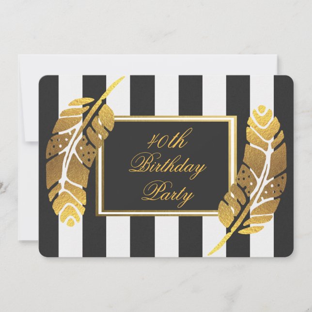 40th Birthday Gold Feather on Black White Stripes Invitation (Front)