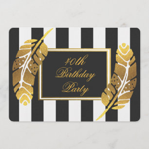 40th Birthday Gold Feather on Black White Stripes Invitation