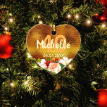 40th birthday gold flowers name ceramic tree decoration<br><div class="desc">Faux gold foil as background. A beautiful soft pink rose, white cherry flowers and dahlias. Templates for a name, the age 40 and a date. Date of birth or the date for the anniversary. Golden letters. The name is written with a trendy hand-lettered style script. Perfect as a 40th birthday...</div>
