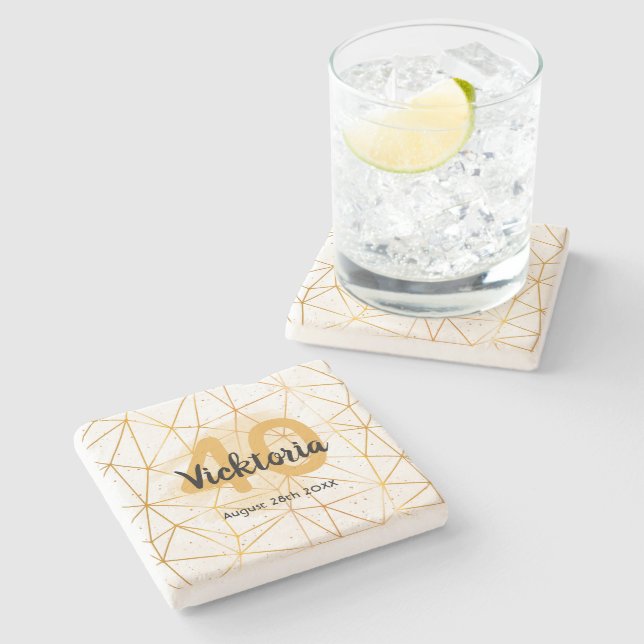 40th birthday gold geometric white name stone coaster (Side)