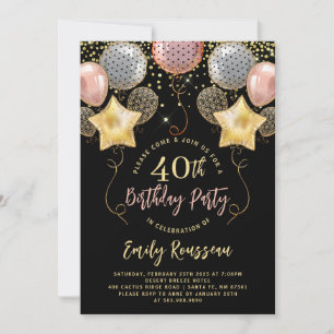 40th Birthday Gold Glitter Balloons Black Invitation