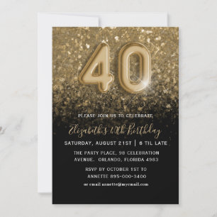 40th Birthday Gold Glitter & Black Party Invitation