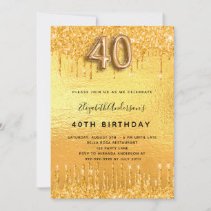 40th Birthday gold glitter drips golden Invitation
