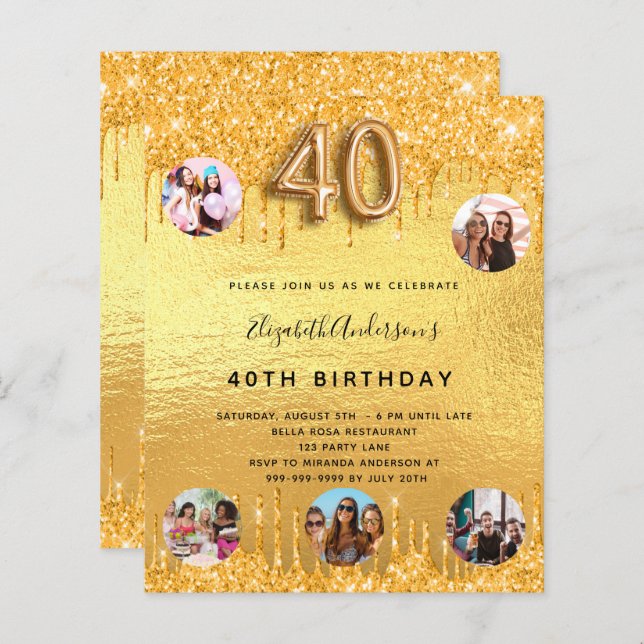 40th Birthday gold glitter drips photo invitation (Front/Back)