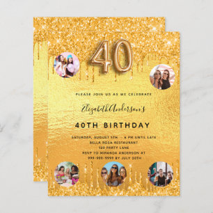 40th Birthday gold glitter drips photo invitation