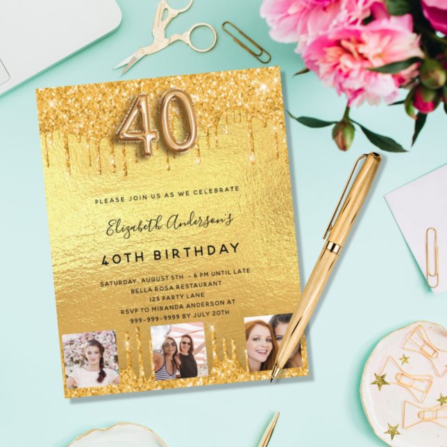 40th Birthday gold glitter drips photo invitation (Creator Uploaded)