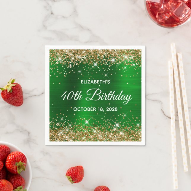40th Birthday Gold Glitter Emerald Green Foil Napkin (Insitu)