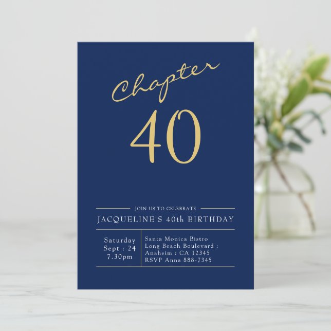 40th Birthday Gold Modern Script Blue Invitation (Standing Front)