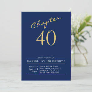 40th Birthday Gold Modern Script Blue Invitation