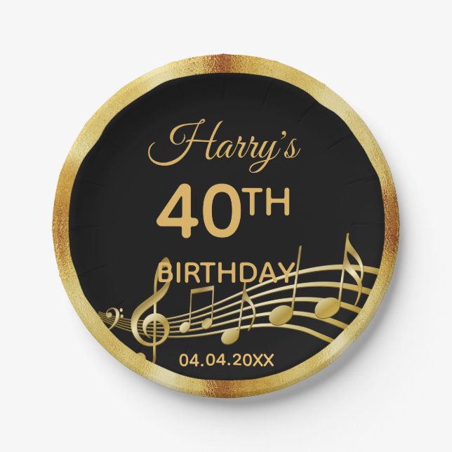 40th birthday gold music notes on chic black paper plate (Front)