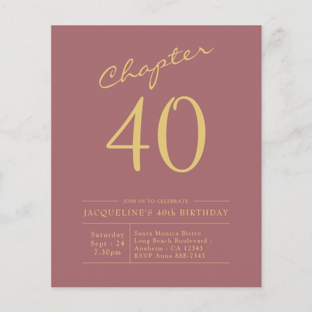 40th Birthday Gold Pink Budget Invitation Flyer (Front)