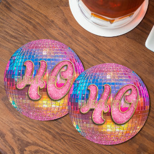 40th Birthday Gold Pink Glitter Dancing Disco Ball Round Paper Coaster