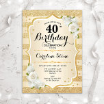 40th Birthday - Gold Stripes White Roses Invitation<br><div class="desc">40th Birthday Invitation. Elegant floral design in gold and white. Features faux glitter gold stripes,  white roses stylish script font and confetti. Perfect for a glam birthday party.</div>