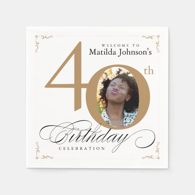 40th Birthday Gold White Calligraphy Custom Photo Napkin (Front)