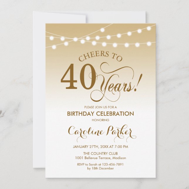 40th Birthday - Gold White Invitation (Front)