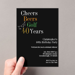 40th Birthday Golf Cheers Beers Black Gold Party Acrylic Invitations