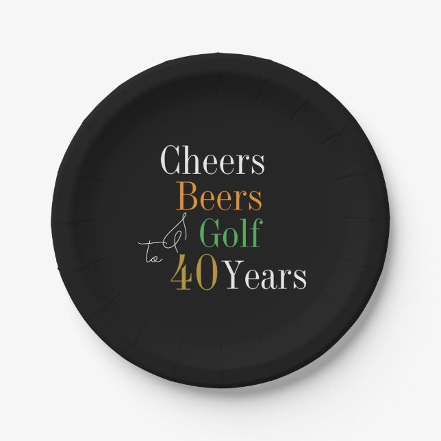 40th Birthday Golf Cheers Beers Black Gold Party Paper Plate (Front)