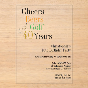 40th Birthday Golf Cheers Beers Minimal Party Acrylic Invitations