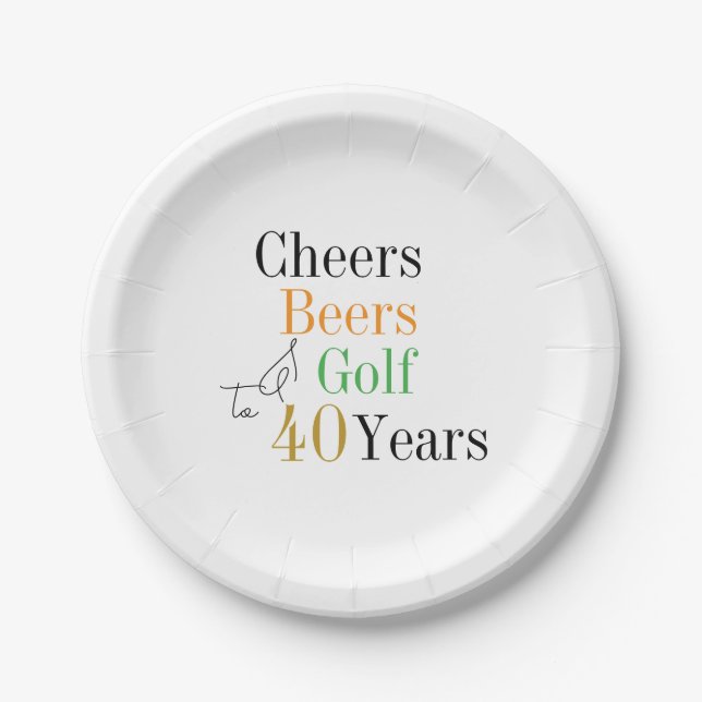40th Birthday Golf Cheers Beers Minimal Party Paper Plate (Front)
