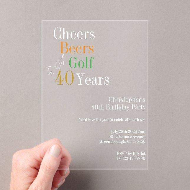 40th Birthday Golf Cheers Beers Party Acrylic Invitations (Insitu (Handheld))