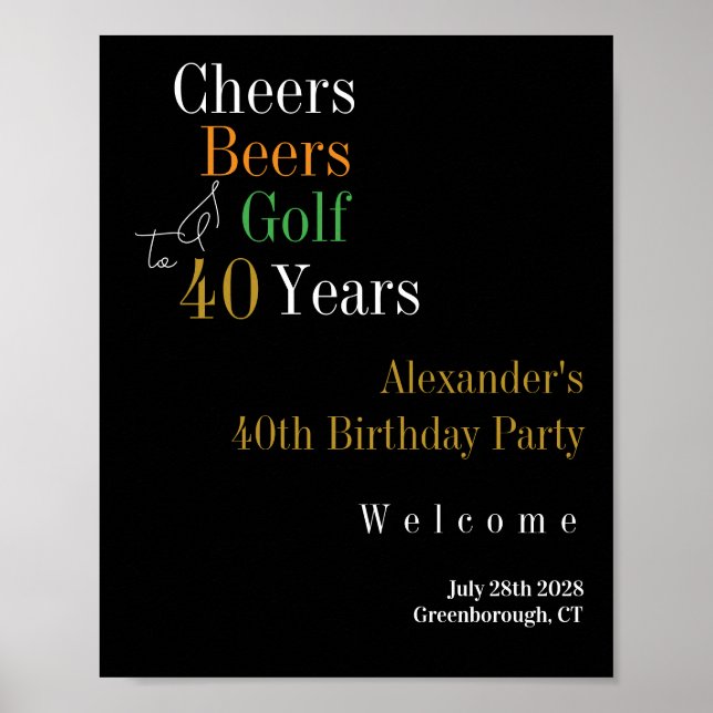40th Birthday Golf Cheers Beers Party Welcome Poster (Front)