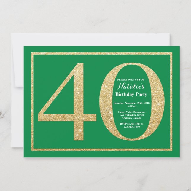 40th Birthday Green and Gold Glitter Invitation (Front)